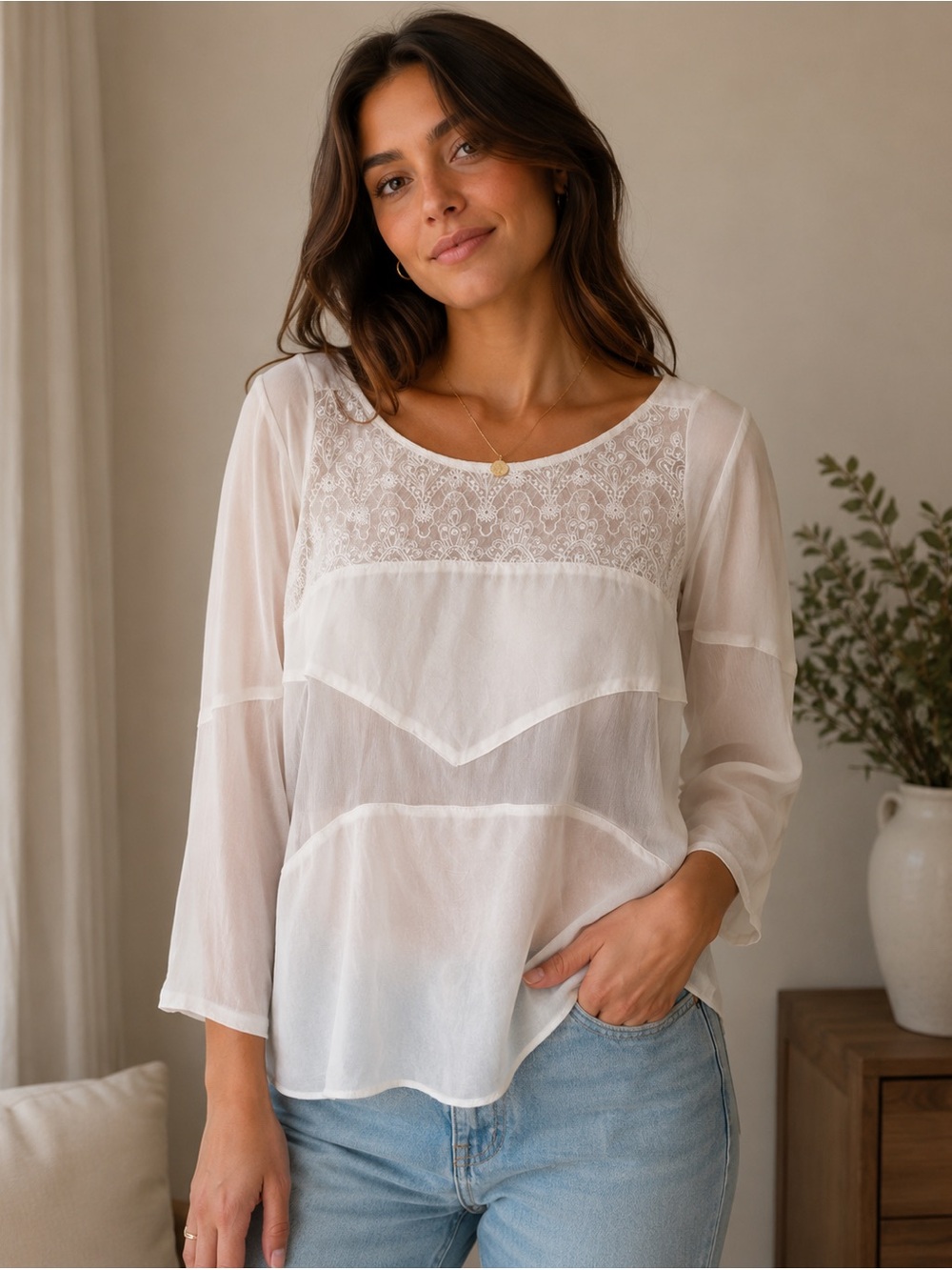 Jen's Pirate Booty 100% Silk Top with White Lace and Sheer Panels Tunic Small